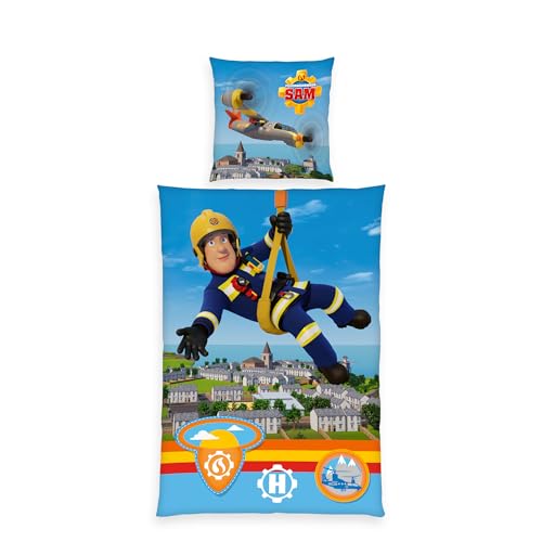 Herding Fireman Sam Bed Linen, Pillowcase Approx. 80 x 80 cm, Duvet Cover Approx. 135 x 200 cm, with Branded Zip, 100% Cotton/Renforcé