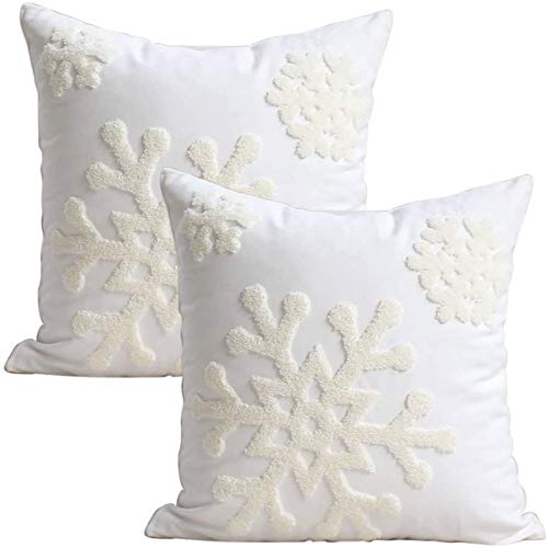 "Elife Soft Square Christmas Snowflake Style Cotton Embroidery Throw Pillow Case Cushion Cover Decorative 18x18"" (1 Pair, White)"