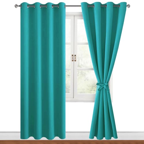 Hiasan Blackout Curtains for Bedroom, 52 x 96 Inches Long - Thermal Insulated & Energy Saving Window Curtains for Living Room, 2 Drape Panels Sewn with Tiebacks, Peacock Teal