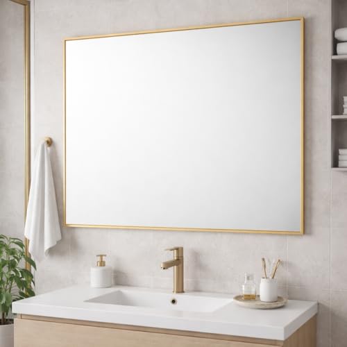 Bathroom Aluminium Metal Modern Gold Mirror 90 x 60cm – Wall Mounted Rectangular Mirror – Portrait or Landscape Hanging – Sleek Contemporary Frame