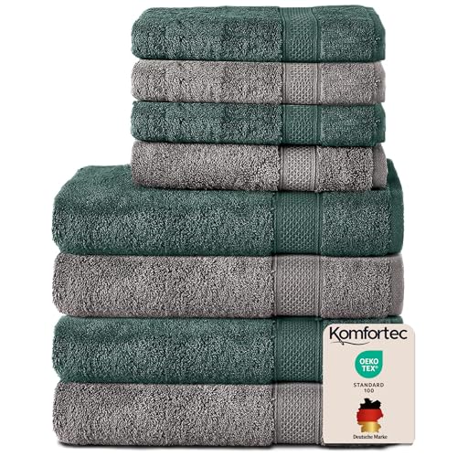 Komfortec Set of 8 Hand Towels 100% Cotton, 4 Bath Towels 70 x 140 cm and 4 Hand Towels 50 x 100 cm, Terry Clothing, Soft, Large, Anthracite Grey/Dark Green