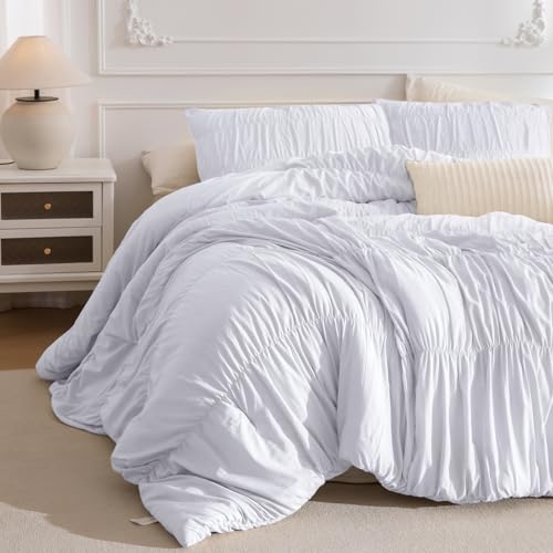 "Masaca White Comforter Queen Size(90""x95""),Ruched Ruffle Lightweight Bed Set Ultra Soft Fluffy Textured Shabby Boho Chic Bedding 3-Piece (1 White Comforter+2 Pillow Shams)"