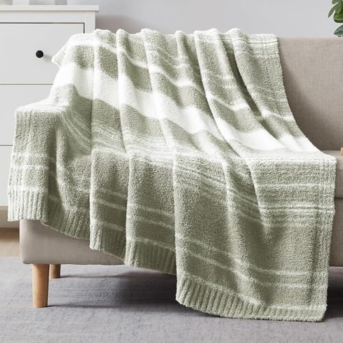 WRENSONGE Soft Throw Blanket for Couch-Cozy Reversible Knitted Blankets - Lightweight Warm Fluffy Decor for Women, Mom, Her & Girls, Sofa, Chair, Bed, 50x70in, Sage Green Stripe