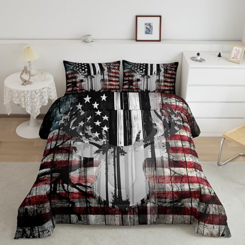 Feelyou American Flag Deer Antlers Bedding Set Hunting Camping Comforter Set for Kids Boys Girls USA Flag Comforter Tree Branch Inner Fill Duvet Set 1 Comforter Set with 1 Pillowcase Twin Size