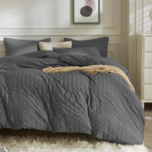 JELLYMONI Charcoal Grey Seersucker Duvet Cover Set Twin Size - Soft Breathable, Cotton-Like Feel, Crinkled Texture, Fall Bedding, Oeko-Tex Certified, 8 Corner Ties & Hidden Zipper
