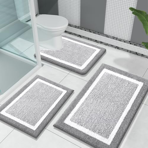 "OLANLY Bathroom Rugs Sets 3 Piece, Soft Absorbent Microfiber Bath Mats and U-Shaped Contour Toilet Rug, Home Decor Accessories, Non-Slip, Bath Mat Set for Bathroom (30""x20""+24""x16""+24""x20"", Grey)"