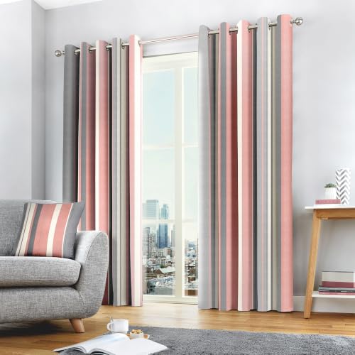 "Fusion Grey & Blush Stripe Drapes – W90 x L72"" (229x183cm) – 2 Panels – 100% Cotton – Eyelet Header – Soft Pink & Grey Colourway – Bedroom or Living Room Curtains – Matching Cushion Available"