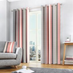 "Fusion Grey & Blush Stripe Drapes – W90 x L72"" (229x183cm) – 2 Panels – 100% Cotton – Eyelet Header – Soft Pink & Grey Colourway – Bedroom or Living Room Curtains – Matching Cushion Available"