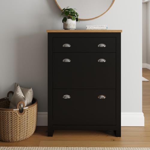 GFW Lancaster Shoe Cabinet with Drawer, Oak Effect Hallway Storage Unit for Shoes & Essentials