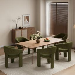 MALOL Wooden Dining Chairs Set of 6, Fabric Accent Chairs with Armrest, Comfy Round Upholstered Arm Chair with 3 Legs, Kitchen Chairs for Dining Room, Living Room, Green
