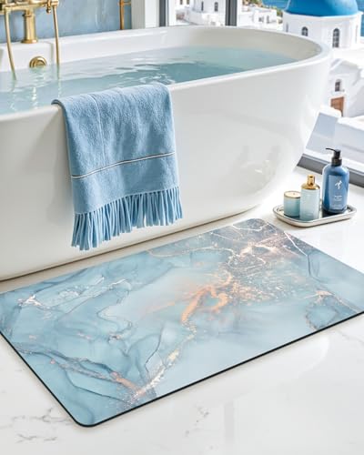 DEXI Bathroom Mat Ultra Thin, Non Slip Bath Rug for Shower Floor, Absorbent Quick Dry Bathmats Low Profile, 17x32, Blue