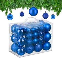 Relaxdays Christmas Baubles, Set of 50, Tree Ornaments, Holiday Decorations, Plastic, Glittery, Matte & Shiny, Blue, 3 Sizes