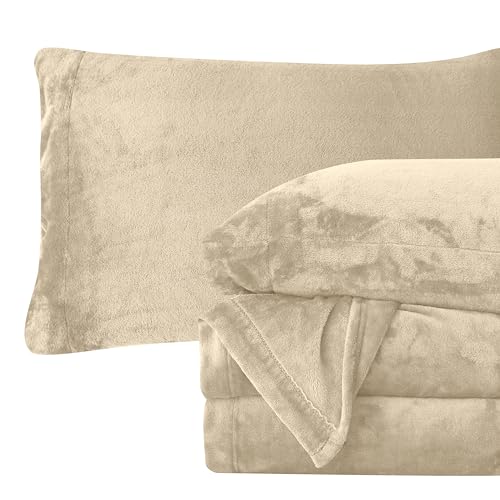 Elegant Comfort Luxuriously Soft 4-Piece Velvet Plush Flannel Sheet Set - Premium Quality - Cozy Warm, Anti-Static, Non Pilling Fuzzy Velvet Flannel Fleece Deep Pocket Sheet Set - King, Cream
