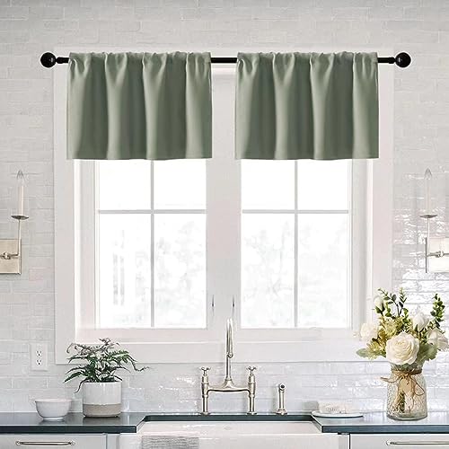 XTMYI Waterproof Blackout Fabric, 14 inches, Valances for Window, 2 Pack, Sage Green