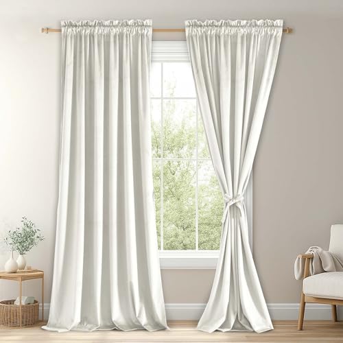JIUZHEN Ivory Velvet Curtains 108 inches for Living Room - Thermal Insulated Room Darkening Rod Pocket Thick Velvet Window Drapes for Bedroom/Dining Room, Set of 2 with Tiebacks, W52 x L108 inches