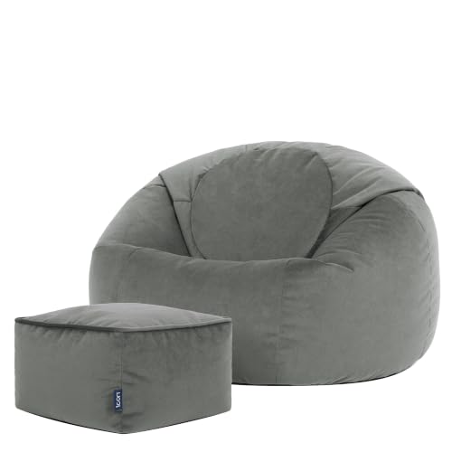 icon Kingston Velvet Bean Bag & Footstool with Filling Included, Grey - Made in the UK, Adult Beanbag, Comfy Chair, Plush Velvet Fabric, Floor Chair for Living Room or Bedroom
