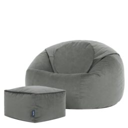 icon Kingston Velvet Bean Bag & Footstool with Filling Included, Grey - Made in the UK, Adult Beanbag, Comfy Chair, Plush Velvet Fabric, Floor Chair for Living Room or Bedroom