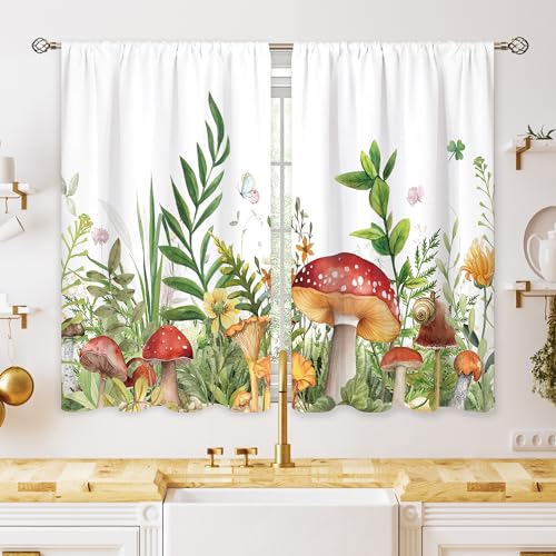 Oolygoo Mushroom Small Kitchen Curtains Sage Green Botanical Window Treatment Boho Wildflowers Plant Leaf Cafe Short Window Curtains for Bathroom Dining Laundry Room Tier Treatment Drapes 27.5x39 inch