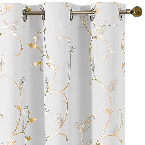 BUHUA Blackout Curtains Gold Foil Print Flower Vine Grommet Drapes, Room Darkening Thermal Insulated Curtains, Noise Reducing Curtain for Bedroom, Greyish White, 38Wx96L, 2 Panels