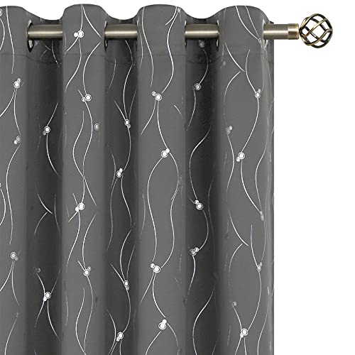 BGment Blackout Curtains 90 Inches Long, Grommet Thermal Insulated Blackout Curtains with Wave Line and Dots Printed for Bedroom, 2 Panels, Each 52 x 90 Inch, Dark Grey