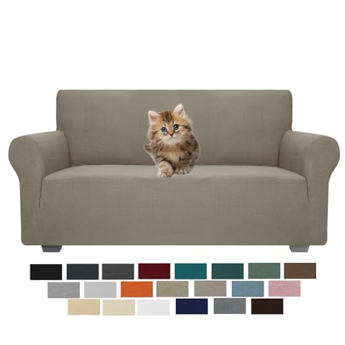 JIVINER High Stretch 1-Piece Jacquard Small Checks Couch Covers for 2 Cushion Couch Anti Slip Love Seat Sofa Covers Loveseat Slipcovers Protector for Kids Pets (Loveseat, Khaki)