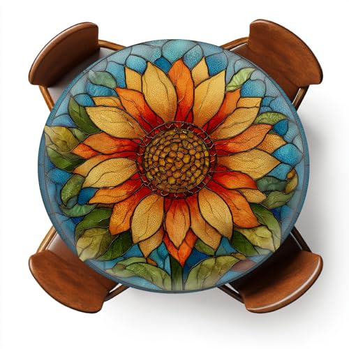 "YEYE JUICE Round Fitted Tablecloth with Elastic Outdoor Tablecloth for 36"" - 44"" Tables Waterproof Round Table Cover for Indoor Dinner, Picnic, Camping (Artistic Sunflower)"