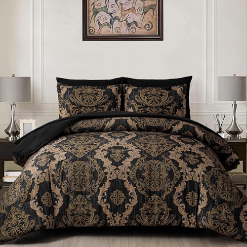 WONGS BEDDING Black Gold 7 Pieces Comforter Set Damask Comforter Bedding Set-YS01AB090659AI-A