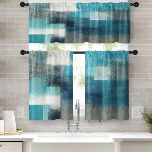 Tayney Turquoise Kitchen Window Curtains Valance and Tier Set 36 Inch, Teal Grey Modern Rod Pocket Short Tier Curtain, Abstract Art Small Cafe Drapes for Kitchen Decor