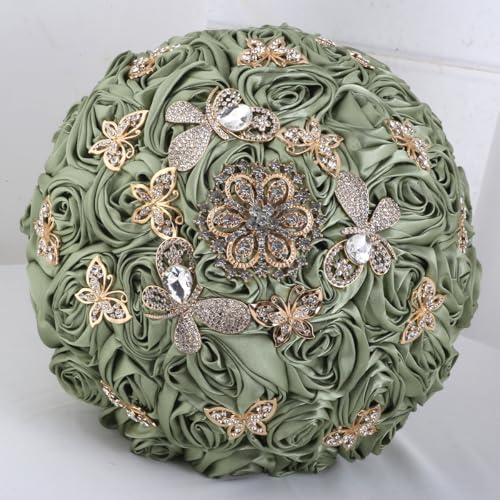 "Mhojpik Handmade Wedding Flowers Bouquet Round Holding Bridal Bouquet Toss Artificial Rose Bunch for Bride Bridesmaid Wedding Quinceanera (Sage Green, 9.8"")"