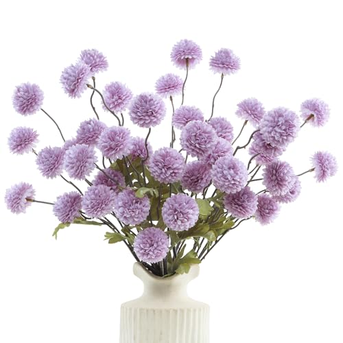 DuHouse 6pcs Artificial Flowers Faux Silk Pompon Mum,Silk Small Mini Chrysanthemum Ball with Stems for DIY Bouquets Centerpieces Vase Home Table Kitchen Decorations(Purple)