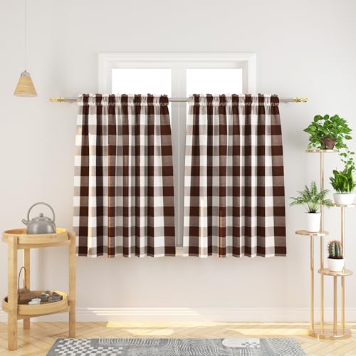 Natus Weaver Buffalo Check Kitchen Tier Curtains 36 inches Long Plaid Gingham Rod Pocket Classic Short Small Cafe Curtains Country Farmhouse Bathroom Window Curtains 2 Panels Brown & White