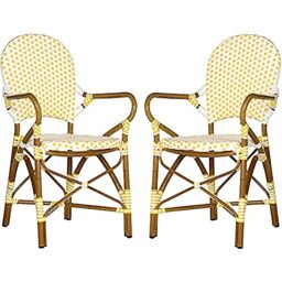 SAFAVIEH Poly-Rattan Outdoor Dining Chairs - Set of 2, in Yellow and White and Light Brown