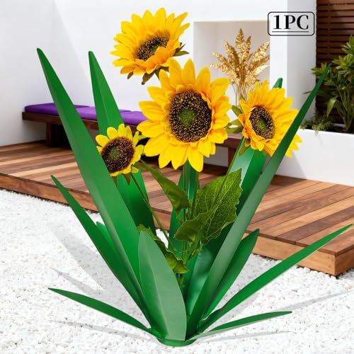 DDQ Metal Agave Plant Outdoor Decor with Artificial Flowers, Mexican Style Garden Sculpture, Waterproof Yard Art for Patio Lawn, Flower Sunflower no Metal