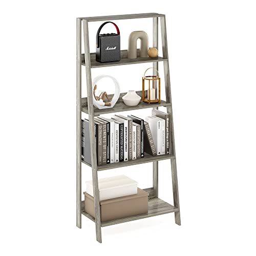 Furinno LADDER Book Shelf, 5-Tier Ladder Shelf, Bookshelf, Display Storage Shelves, 13 x 23.6 x 53.5, for Living Room, Home Office, Grey Oak