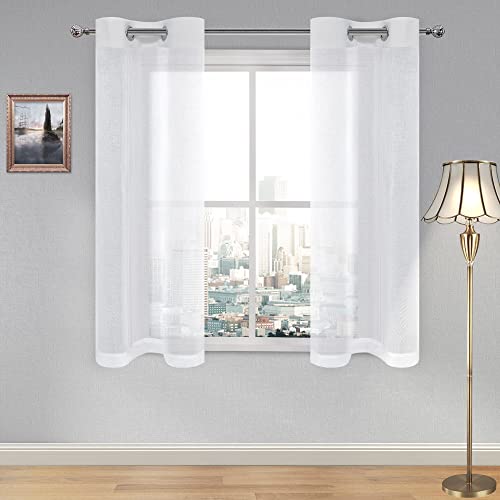DWCN White Faux Linen Sheer Curtains - Grommet Top Voile Short Window Drapes 54 Inches Long, Solid Semi Sheer for Bedroom Living Room 28 x 54 Inch Length Set of 2 Panels