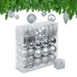 Relaxdays Christmas Baubles, Set of 110, Glittery, Matt & Shiny Ornaments, Plastic Decorations, HxD: 9 x 8 cm, Silver