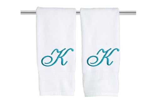 Decorvo White Monogrammed Hand Towels for Bathroom - Luxury Hotel Quality Personalized Initial Embroidered Towel for Powder Room, Spa - GOTS Organic Certified - Set of 2 Teal Letter K