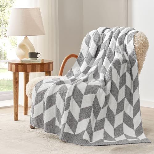 Snuggle Sac Throw Blanket for Couch, Reversible Super Soft Warm Blankets Cozy Knit Fuzzy Plush Lightweight Throws for Sofa, Bed, Camping,Chevron Grey,50x60 inches