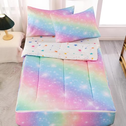 A Nice Night Zipper Bedding for Girls Gradient Glitter Comforter Set,Pink Yellow Rainbow Galaxy Kids Bedding Set,Twin Size