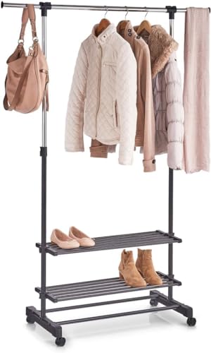 Avilia Adjustable Bedroom Clothes Stand with Shelves for Shoes – Grey and Black Metal Shoe Rack with Wheels, 80 – 120 x 42.5 x 101.5 – 166 cm