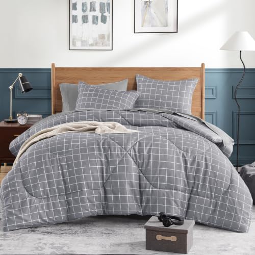 Andency Grey Grid Comforter Set Full Size (79x90 inch), 3 Pieces (1 Grey Comforter and 2 Pillowcases), Summer Lightweight Microfiber Down Alternative Bedding Comforter Sets with White Lines