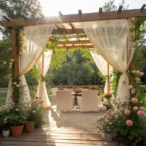 SK Studio Beige Outdoor Sheer Curtains for Patio Waterproof 2 Panels Sheer Curtains Privacy Screen Mesh Net Outside Curtains Rod Pocket for Gazebo, Porch, Pergola, 63W x 120L
