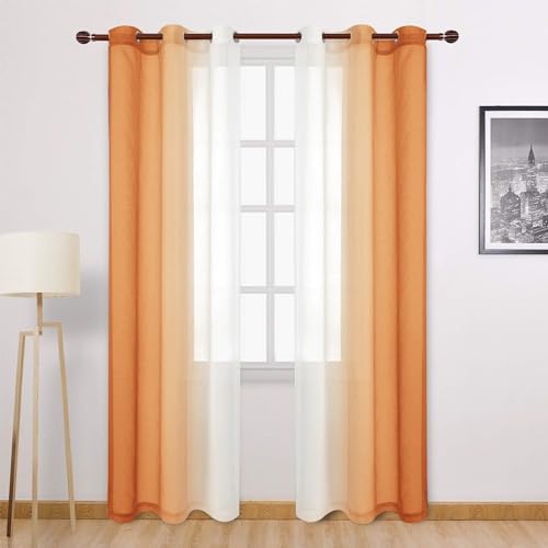 DWCN Ombre Sheer Curtains - 84 inches Long Faux Linen Gradient Semi Voile Curtains for Bedroom and Living Room, Set of 2 Grommet Top Window Curtain Panels, 42 x 84 Inches Long, Sunset Orange