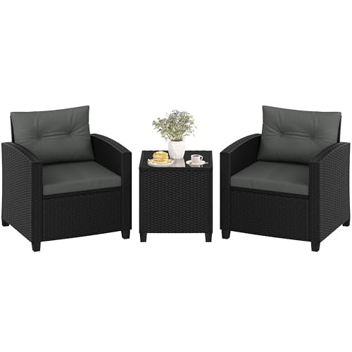 Yaheetech 3-Pieces Wicker Patio Bistro Sofa Set, Outdoor Rattan Coffee Table & 2 Chairs with Cushions & Pillows for Deck, Balcony, Porch, Black & Grey