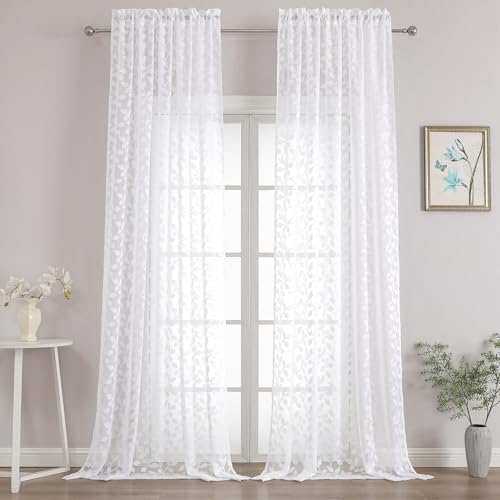 "Chyhomenyc Extra Long White Sheer Curtains 108 Inch Length 2 Panels Set, Light Filtering Tufted Textured Soft Airy Rod Pocket Gentle Leaf Window Treatment Drapes for Living Room, 52"" Wx108 L, 2PCS"