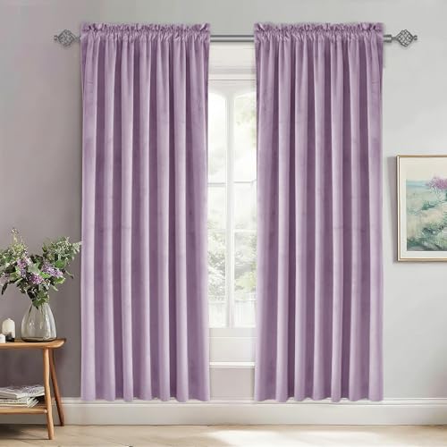 JIUZHEN Purple Velvet Curtains for Bedroom - 84 inches Thermal Insulated Room Darkening Rod Pocket Blackout Drapes for Office/Closet, Set of 2 Panels with Tiebacks, 42W x 84L