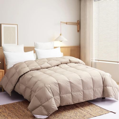 "SNOWMAN Extra-Soft Down Blanket Queen, Lightweight Down Comforter with 8 Corner Tabs, Cooling Bed Comforter for Hot Sleepers, 18oz Fill Weight and Noiseless Down Proof Fabric (Khaki, 90""x90"")"