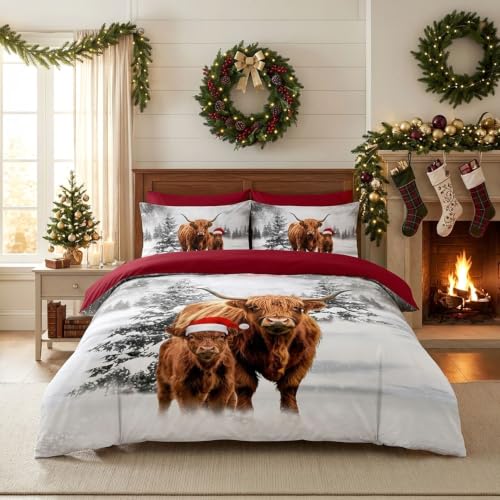 GC GAVENO CAVAILIA Highland Cow Single Duvet Cover Set Xmas Animal Bedding - Breathable, Lightweight, Reversible Quilt Cover Set - Soft Touch, Christmas Duvet Cover Single With Pillow Case, 135x200cm