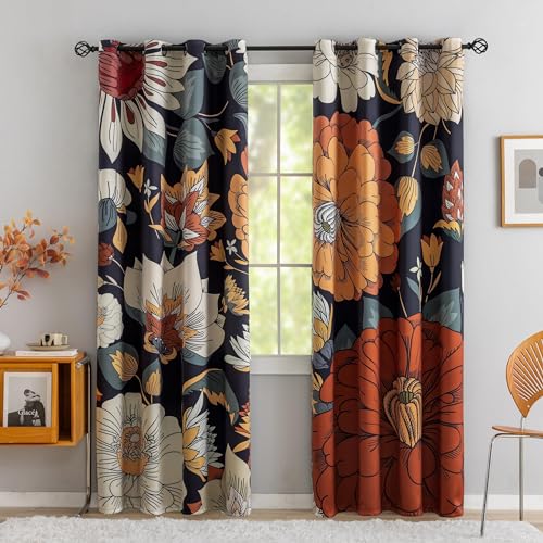 Tyrot Floral Boho Style 100% Blackout Curtains for Bedroom, 182.9 cm Long, 2 Panels, Mid-Century Botanical Style Blackout Curtains for Living Room with Eyelets