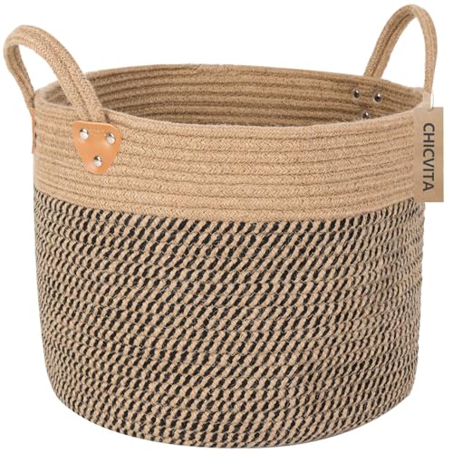 "CHICVITA Large Jute Basket Woven Storage Basket with Handles ??? Natural Jute Laundry Basket Toy Towels Blanket Basket Home Decor, 14"" x 14"" x 12"""